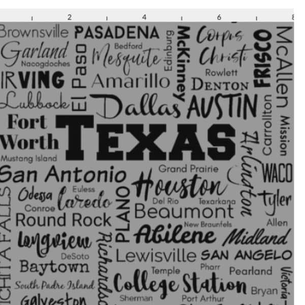 Texas fabric yardage. TX Cities cotton material by the fat quarter or yard.