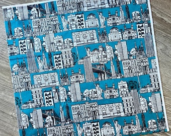 NYC minky fabric piece. 18 by 18 inch square. Soft New York City themed architecture print material. Cityscape fabric.
