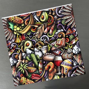 May include: Colorful, detailed illustration with a Southwestern theme. The artwork features avocados, feathers, cacti, and a glass of red wine. The design incorporates various shapes and patterns, with a vibrant color palette of reds, oranges, greens, and purples.
