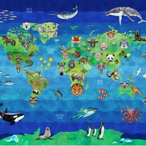 May include: A colorful world map illustration with animals from different continents. The map is surrounded by blue water and includes the names of the oceans. The animals include a polar bear, a tiger, a zebra, a lion, a kangaroo, a penguin, an octopus, and a whale.