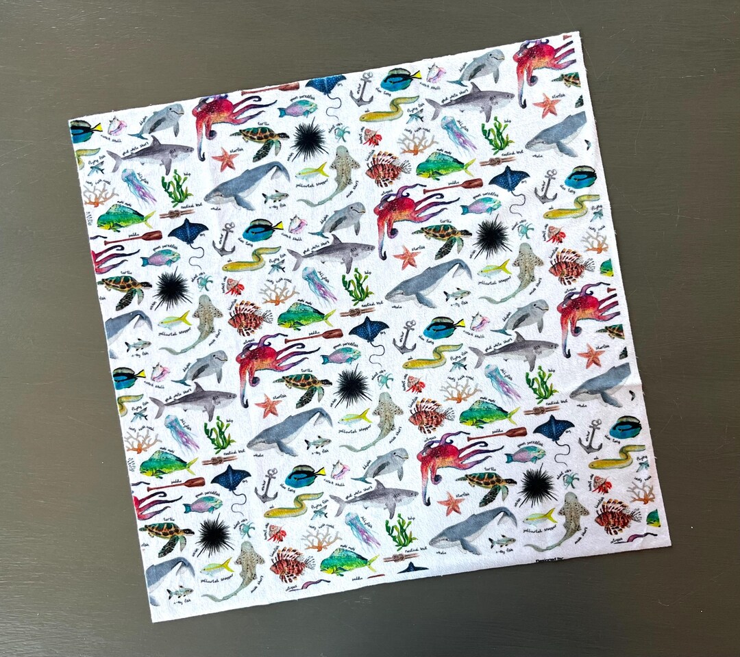 Ocean Alphabet Minky Fabric. Approx. 18 by 18 Inch Square. Soft Printed