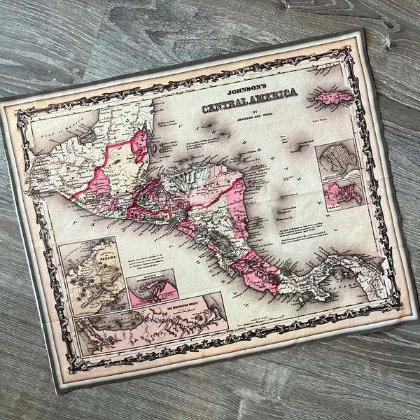 Central America map fabric piece. 20.5 by 16.5 (cotton) or 21 by 16.5 (minky) inch. Vintage Latin American small map panel.