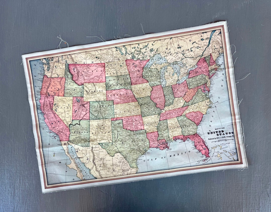 USA Map Fabric Piece. 17.5 by 12 Inch. Small Vintage United States of ...