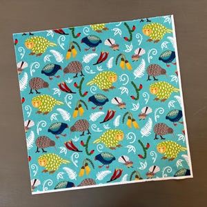 New Zealand bird minky fabric piece. 18 by 18 inch square. Soft colorful polyester material.