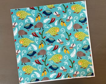 New Zealand bird minky fabric piece. 18 by 18 inch square. Soft colorful polyester material.
