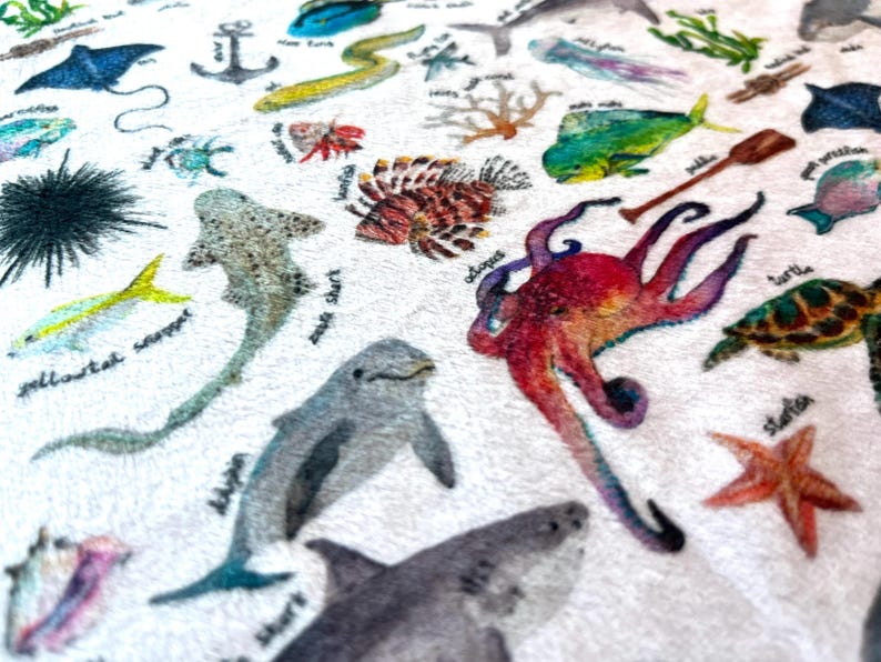 Ocean Alphabet Minky Fabric. Approx. 18 by 18 Inch Square. Soft Printed