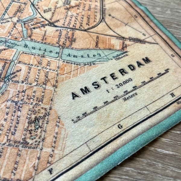 Amsterdam map fabric piece. 13 by 17 inch. Vintage Netherlands small map panel of soft organic knit material.