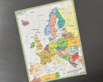 Europe map fabric piece. 14 by 17.75 inch (cotton) or 16 by 19 inch (satin). Small vintage European map panel on material.
