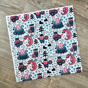 Viking minky fabric piece. 18 by 18 inch square. Nordic dragon, longboat, Viking-themed soft polyester material.