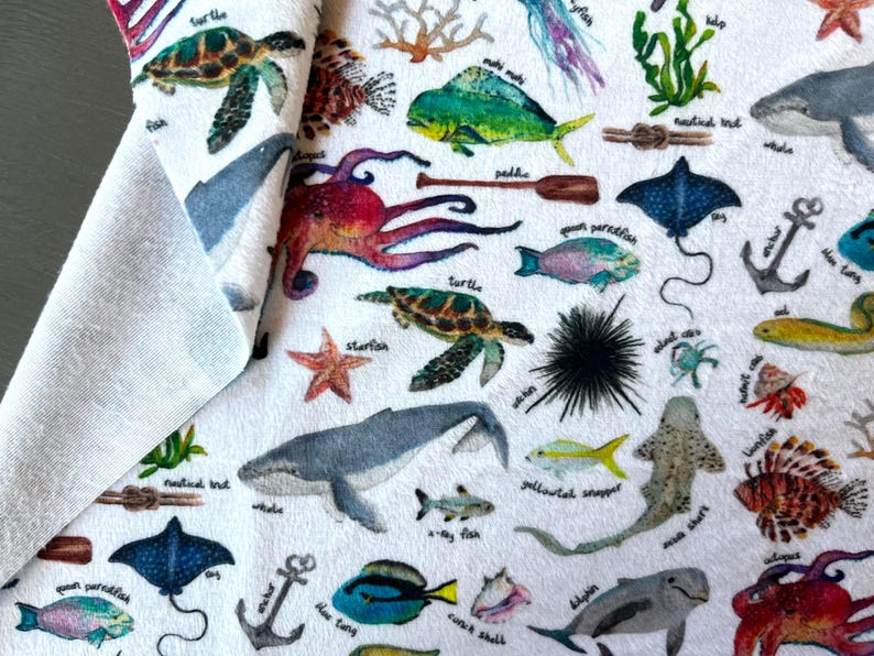 Ocean Alphabet Minky Fabric. Approx. 18 by 18 Inch Square. Soft Printed