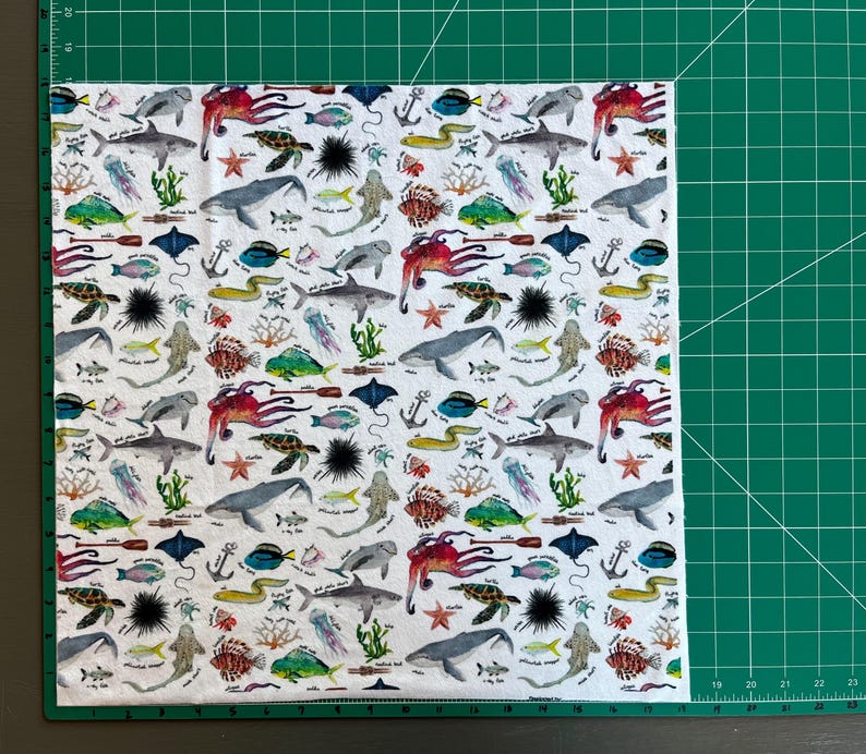 Ocean Alphabet Minky Fabric. Approx. 18 by 18 Inch Square. Soft Printed