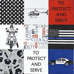May include: A patchwork design featuring police-themed imagery. The design includes a helicopter, police car, motorcycle, and the American flag. The phrase "TO PROTECT AND SERVE" is prominently displayed, along with words like "HERO" and "COURAGE".