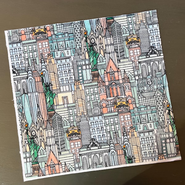 NYC watercolor minky fabric piece. 18 by 18 inch square. Soft cityscape polyester material of New York City.