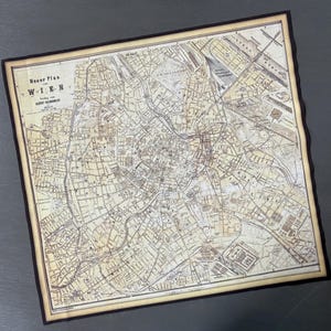 May include: A vintage map of Vienna, Austria, with the title "Neuer Plan Wien" visible. The map features detailed street layouts and landmarks in shades of beige and brown, framed by a dark border. The map is a historical piece.
