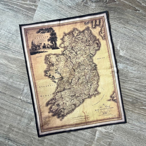 Ireland map fabric piece. 13 by 17 inch cotton or 12 by 16 inch organic knit. Small vintage Irish map panel material.