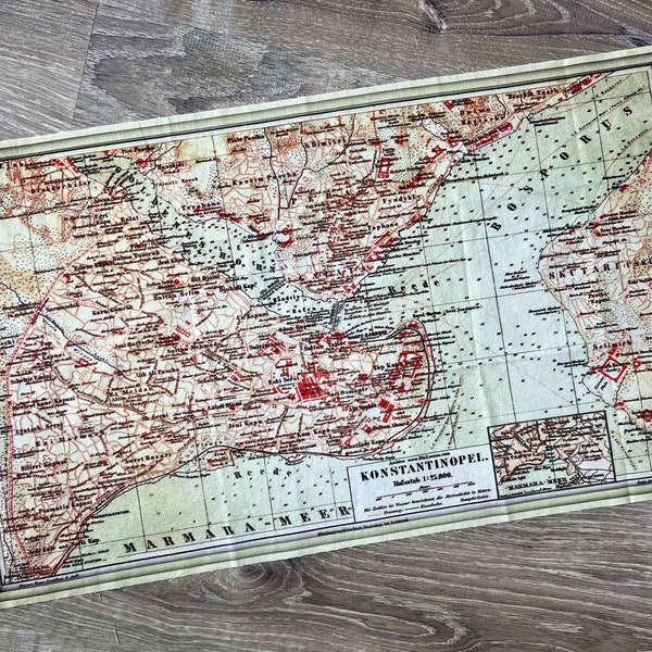 Constantinople map fabric piece. 21 by 12 inch. Vintage Turkey small map panel of cotton poplin material.