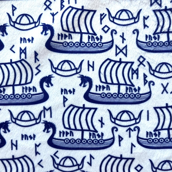 Viking minky fabric remnant. 18 by 18 inch. Soft runes and longboat polyester material.