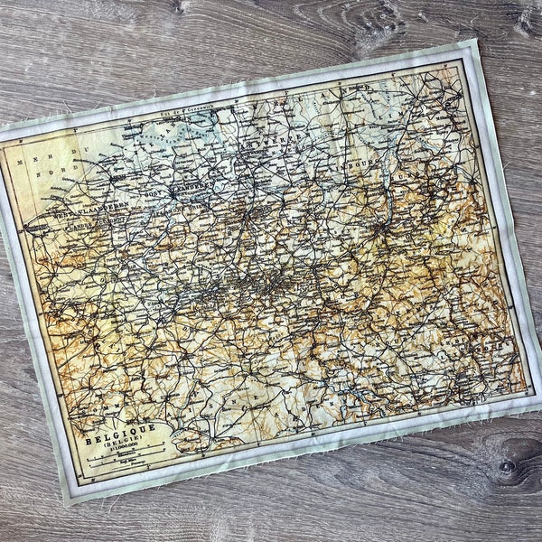 Belgium map fabric piece. 15 by 20 inch. Vintage Belgian small map panel of cotton material.