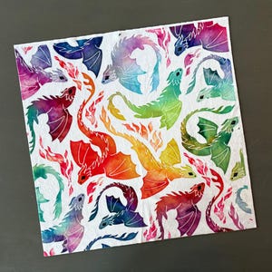Dragon rainbow minky fabric piece. 18 by 18 inch square. Soft colorful printed material.