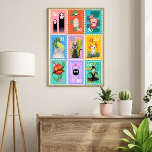 May include: A colorful set of nine illustrated stamps featuring characters from Studio Ghibli films. The stamps are arranged in a 3x3 grid and each stamp has a different character and number. The characters include Totoro, No Face, Kiki's Delivery Service, Howl's Moving Castle, and more.