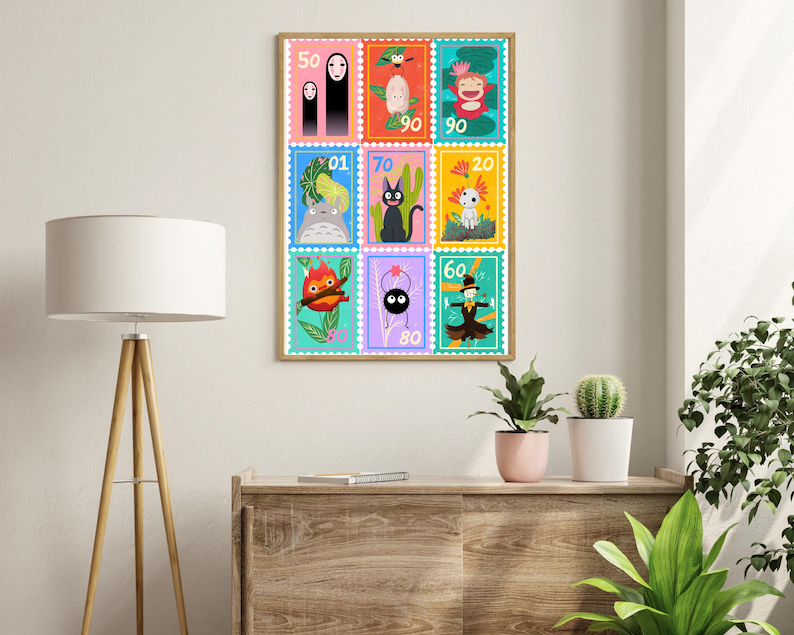May include: A colorful set of nine illustrated stamps featuring characters from Studio Ghibli films. The stamps are arranged in a 3x3 grid and each stamp has a different character and number. The characters include Totoro, No Face, Kiki's Delivery Service, Howl's Moving Castle, and more.