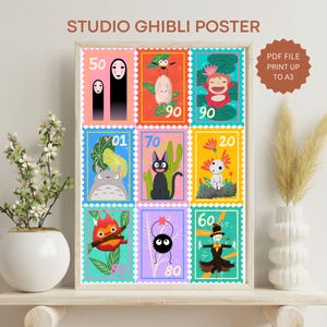 Puede incluir: Un póster colorido con personajes de películas de Studio Ghibli. El póster está dividido en nueve cuadrados, cada uno con un personaje diferente y un número. Los personajes incluyen Totoro, Sin Cara, Kiki y Jiji. El póster está impreso en papel de alta calidad y es perfecto para cualquier fan de Studio Ghibli.