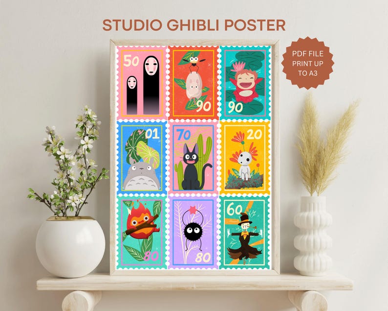 May include: A colorful poster featuring characters from Studio Ghibli films. The poster is divided into nine squares, each with a different character and a number. The characters include Totoro, No Face, Kiki, and Jiji. The poster is printed on high-quality paper and is perfect for any fan of Studio Ghibli.