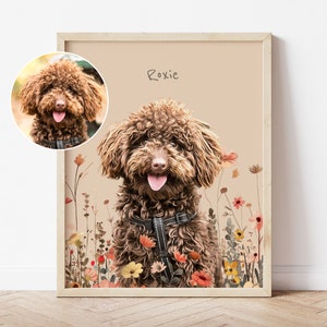 Custom pet portrait from photo - Pet in flowers, Dog portrait/illustration, Cat portrait, Pet memorial gift, Personalized print/gift