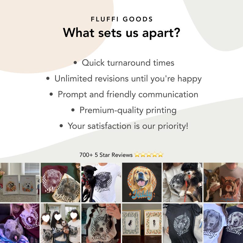 May include: The image showcases a variety of custom pet portraits and apparel from Fluffi Goods. The text "What sets us apart?" is displayed, followed by key features. The image includes examples of custom pet portraits on t-shirts and framed art, featuring various dog breeds.