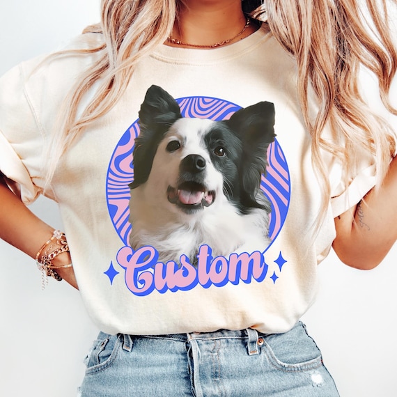 Personalized Wavy Retro Pet Unisex T-shirt Your Photo + Name Personalized Dog Tee Comfort Colors Tee for Pet Parents Custom Y2K 90s Dog Face