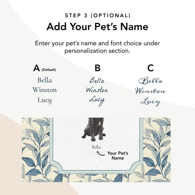 May include: A graphic showing three different font styles for a pet's name on a personalised pet portrait. The text reads "Bella Winston Lucy" in each font style. The image also shows a sample pet portrait with a dog and the text "Bella" and "Your Pet's Name".