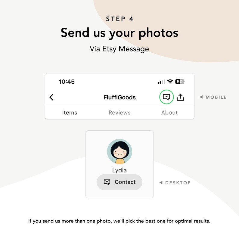 May include: A graphic showing instructions to send photos via Etsy Message. The text reads "Send us your photos Via Etsy Message." A mobile phone screen displays the Etsy app with a chat icon. A desktop view shows a contact button.