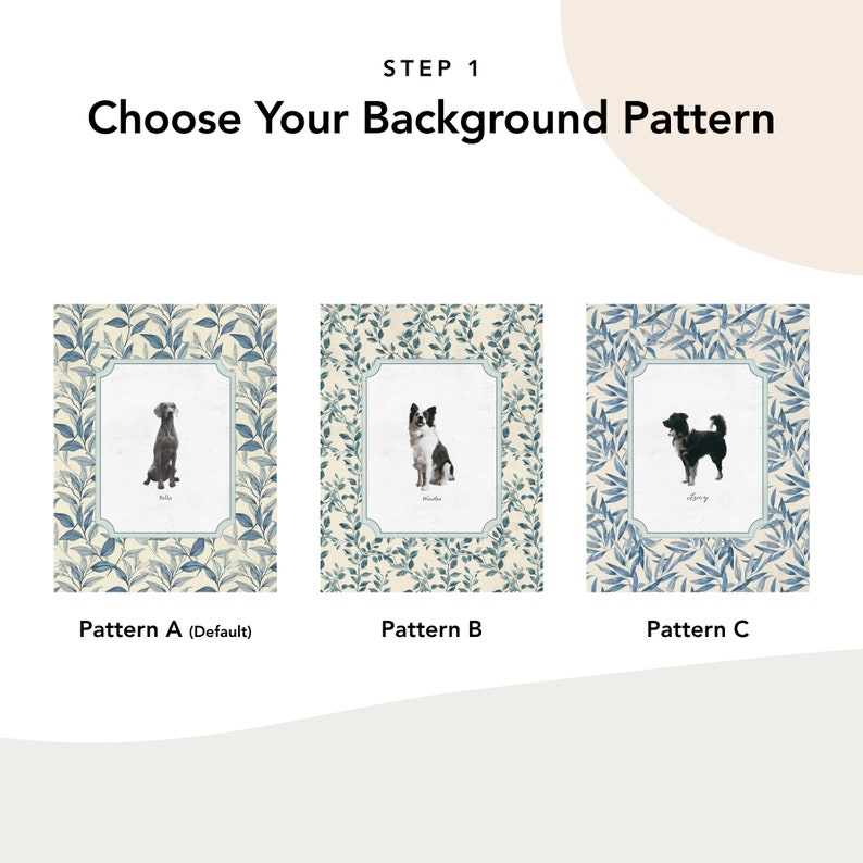 May include: Three different background patterns for a custom pet portrait. The patterns are all cream and blue with a leafy design. The first pattern is labelled "Pattern A (Default)", the second is labelled "Pattern B", and the third is labelled "Pattern C".