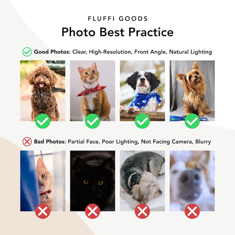 May include: Image from Fluffi Goods titled "Photo Best Practice." The image shows examples of good and bad photos. Good photos are clear, high-resolution, front angle, and have natural lighting. Bad photos have a partial face, poor lighting, are not facing the camera, and are blurry.