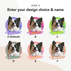 May include: Image featuring six circular designs with a dog's portrait, each in a different color scheme. The text "Custom" is below each design, with the options labeled A through F. The text "STEP 3 Enter your design choice & name" is at the top.