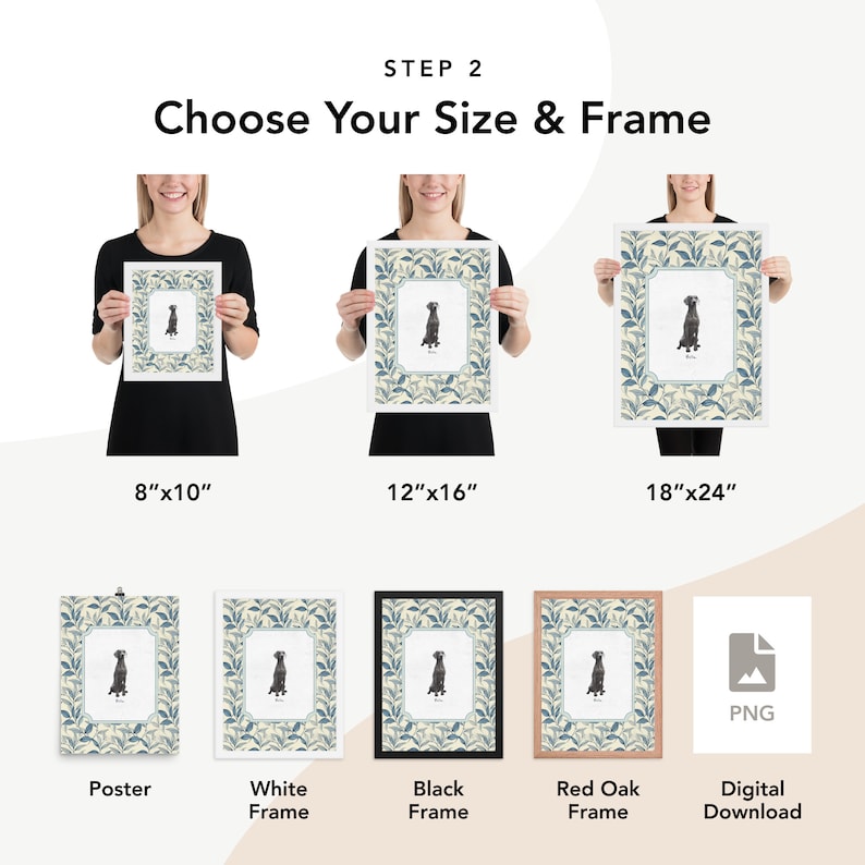 May include: A digital illustration of a dog in a leafy frame. Choose from poster, white, black, or red oak frame options. Sizes available: 8x10 inches, 12x16 inches, and 18x24 inches. Digital download also available.
