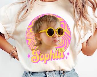 Custom Wavy Graphic Unisex T-shirt Your Photo + Name Personalized Face Comfort Colors Shirts for Husband and Wife Custom Y2K Retro 90s Tee