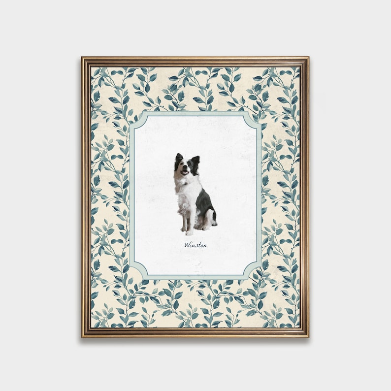May include: A framed print with a white background and a blue and white border. The print features a black and white border collie dog sitting and the name "Winston" written below the dog.