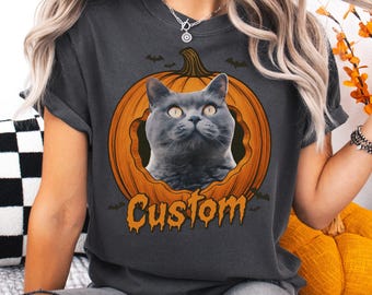 Custom Halloween Pet Unisex T-shirt Pet Photo + Name Personalized Spooky Dog Face Comfort Colors Shirts for Humans Custom Pumpkin t-shirt