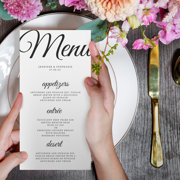 Menu for wedding template , 4x8" Minimalist Menu Wedding Sign, Wedding Sign Printable, Editable, Download, Template, Edit with Canva