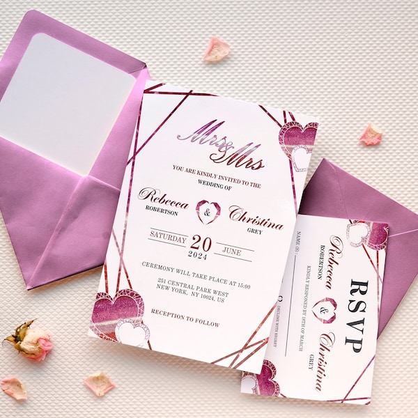 Lesbian wedding invitation,Mrs and Mrs editable and printable template with Lesbian Flag Color, attached RSVP card using Lesbian Flag color.
