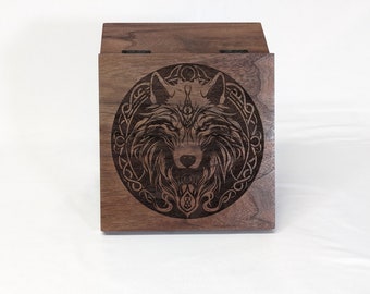 Rustic handcrafted walnut box with a striking Norse wolf head etched into the lid.