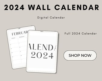 May include: A digital calendar for 2024 with a simple and minimal design. The calendar is displayed on a tablet screen with the text "ALENDA 2024" in a bold, sans-serif font. The text "Full 2024 Calendar" is also displayed on the image. A button with the text "SHOP NOW" is also included.