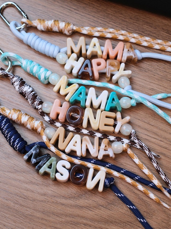 Personalized Double Name Keychain, Paracord Backpack Tag, Jumbo Chunky Letter Bead Bag Charm, Bow Keychain, Team Mom Gift, Party Favor
