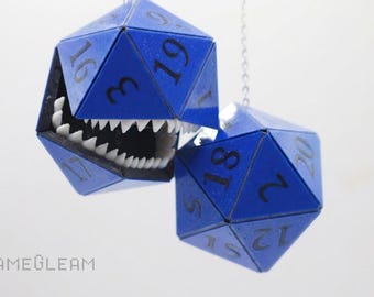 Mimic D20 Car Dice [Pick your colors, custom 2" holographic charms] - DnD hanging car accessory - The thoughtful gamer gift with teeth