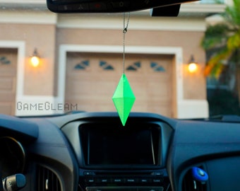 Plumbob Car Charm [2&quot; Green Translucent Holographic] - Vehicle mirror hanging dangler dice - The perfect gamer gift for the simulation