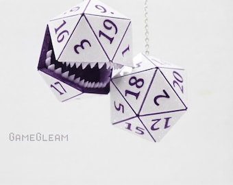 Mimic D20 Car Dice [White and Purple, custom 2" holographic charms] - DnD hanging car accessory - The thoughtful gamer gift with teeth
