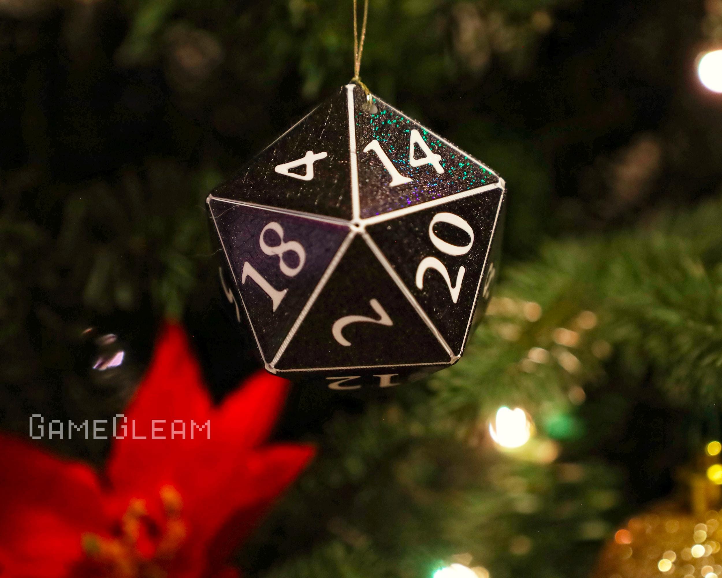D20 Ornament [Pick your colors, 2&quot; Holographic] - Hanging DnD charm dangler - A magical Christmas tree holiday season gift for him or her
