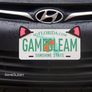 Può includere: Targa della Florida con la scritta "GAMEGLEAM" in verde, con una mappa della Florida e le parole "Sunshine State". La targa è adornata da orecchie di gatto nere con l'interno rosa. È visibile anche il sito web "MYFLORIDA.COM".