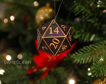D20 Ornament [2" Black and Orange Holographic] - Hanging DnD charm - A magical Christmas tree holiday season gift for him or her